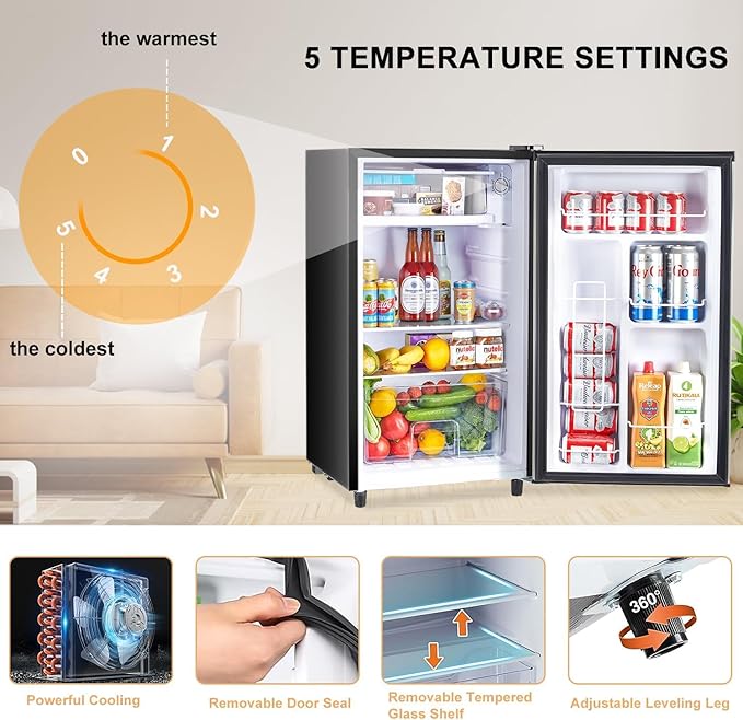 Upgraded Mini Fridge with Freezer 3.2 Cu.Ft Compact Dorm Refrigerator Small Cooler for Bedroom Office, Single Door Adjustable Thermostat Low Noise, 17.5" D x 17.7" W x 31.5" H, Black