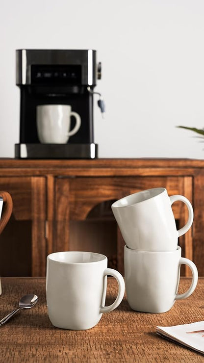 famiware Coffee Mugs Set of 4, Ocean Square 13oz Coffee Cup Set with Handle for Cocoa, Milk, Hot Chocolate, Tea, Water, Stoneware Cups for Kitchen, Microwave and Dishwasher Safe, Matte White