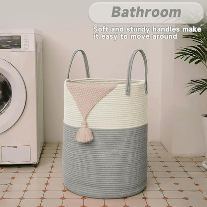 Large Woven Laundry Basket Hamper,80L Cotton Rope Storage Bin for Blankets,Toys and Clothes,Decorative Tall Nursery Hamper for Living Room,Baby Nursery,Bathroom and Bedroom,White and Grey