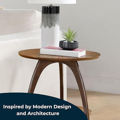 Martin Svensson Home LAX Two-Tone 20-Inch Caramel Brown Round Wood End Side Table with Walnut Legs and Shelf Storage