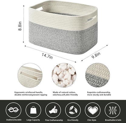 Woven Storage Baskets - Cotton Rope Organizers for Books, Towels, Toys or Bins - 3 Pack, Grey