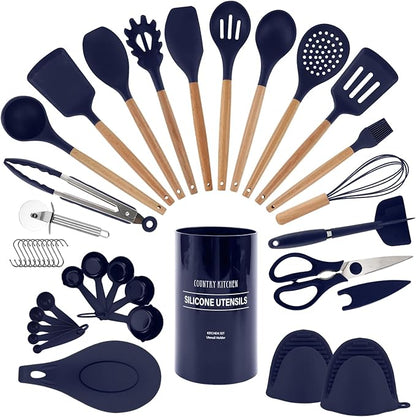 Country Kitchen Non Stick Silicone Utensil Set with Rounded Wood Handles for Cooking and Baking, 38 Piece Set, Navy