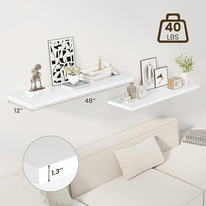 48" Floating Shelves for Wall, 12" Deep Slim White Floating Shelves, Wall-Mounted Shelves for Bedroom, Living Room, Kitchen, Bathroom - Set of 2