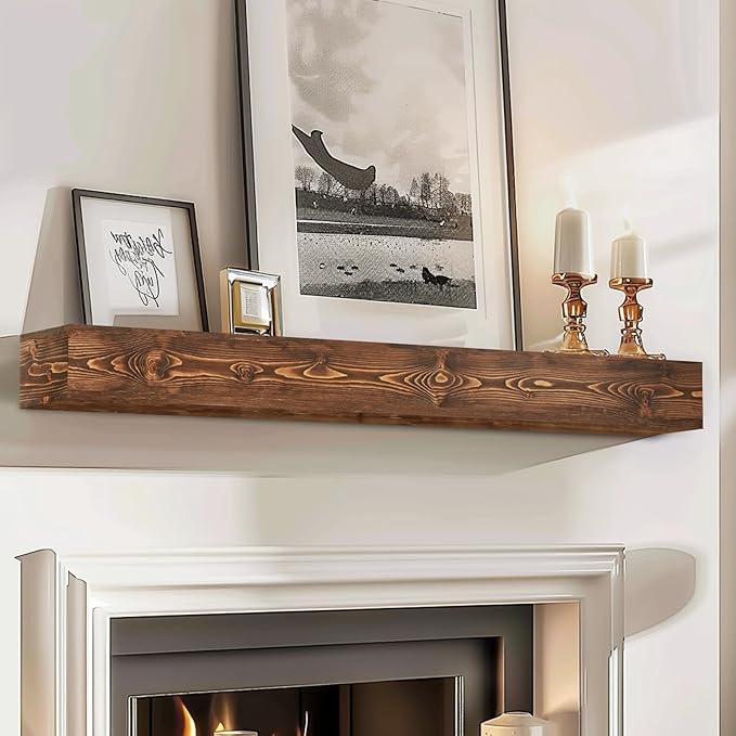 48x8x5 Fireplace Mantel - Handcrafted Hollow Rustic Solid Wood Wall Mounted Floating Shelf with Invisible Heavy Duty Wood Bracket (Weathered Brown)