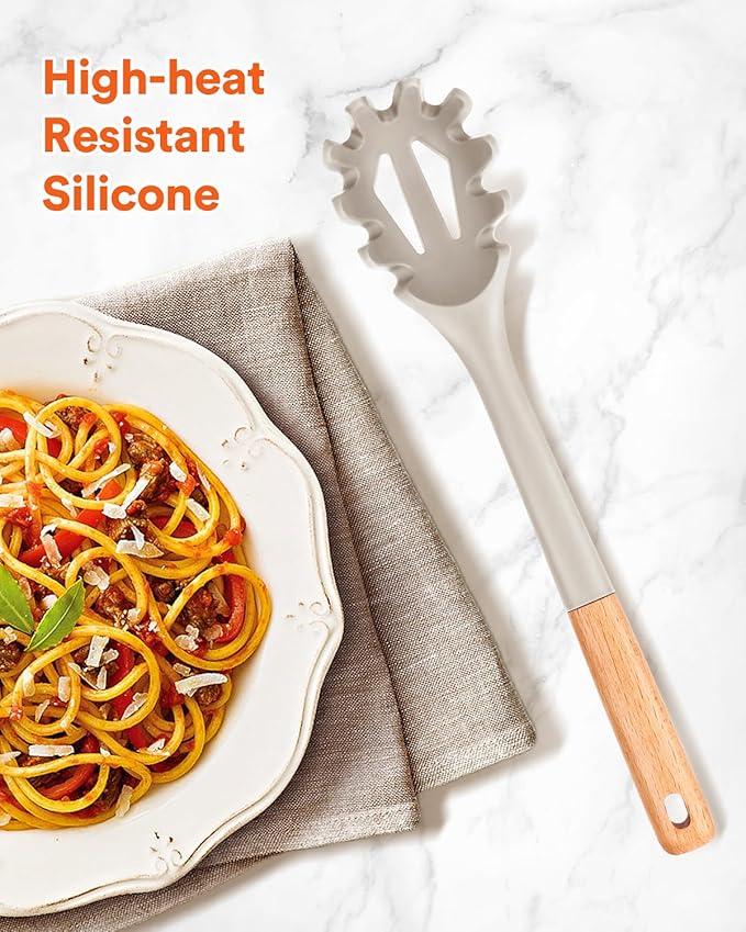 Silicone Pasta Fork, Kitchen Heat Resistant Noodle Spoon Server, BPA Free Spaghetti Strainer,12.8 inch (Khaki)