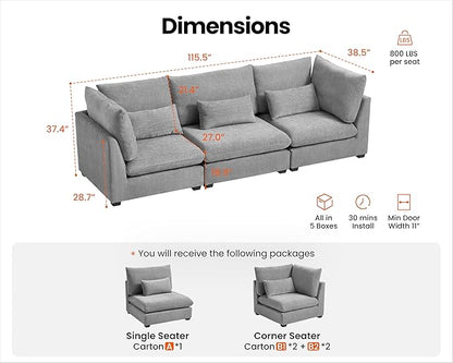 Oversized Modular Sofa, Extra Deep Cloud Chenille Sectional Couch with Ottoman Chaise, Fluffy Chenille 3 Seater Sofa for Living Room, Villa (Basic 3 Seater, Chenille Grey)