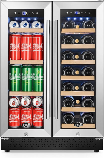 Tylza Upgraded Wine and Beverage Refrigerator 24 Inch, Dual Zone Wine Beverage Cooler with French Door, Under Counter Wine Beer Fridge Built-In or Freestanding, Holds 20 Bottles and 88 Cans, Low Noise