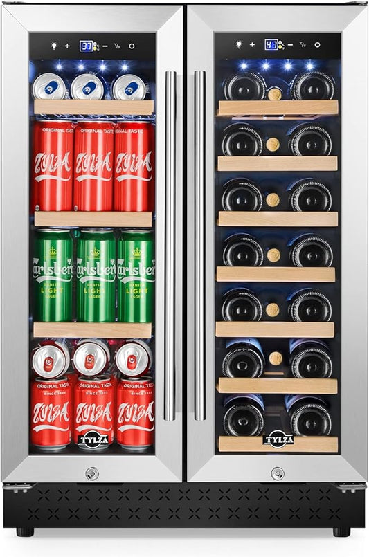 Tylza Upgraded Wine and Beverage Refrigerator 24 Inch, Dual Zone Wine Beverage Cooler with French Door, Under Counter Wine Beer Fridge Built-In or Freestanding, Holds 20 Bottles and 88 Cans, Low Noise