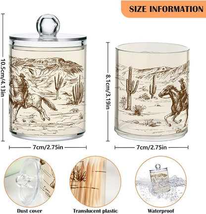 2 Pack Qtip Holder Organizer Dispenser Western Desert Cowboy Bathroom Storage Canister Cotton Ball Holder Container for Cotton Swabs/Pads/Floss