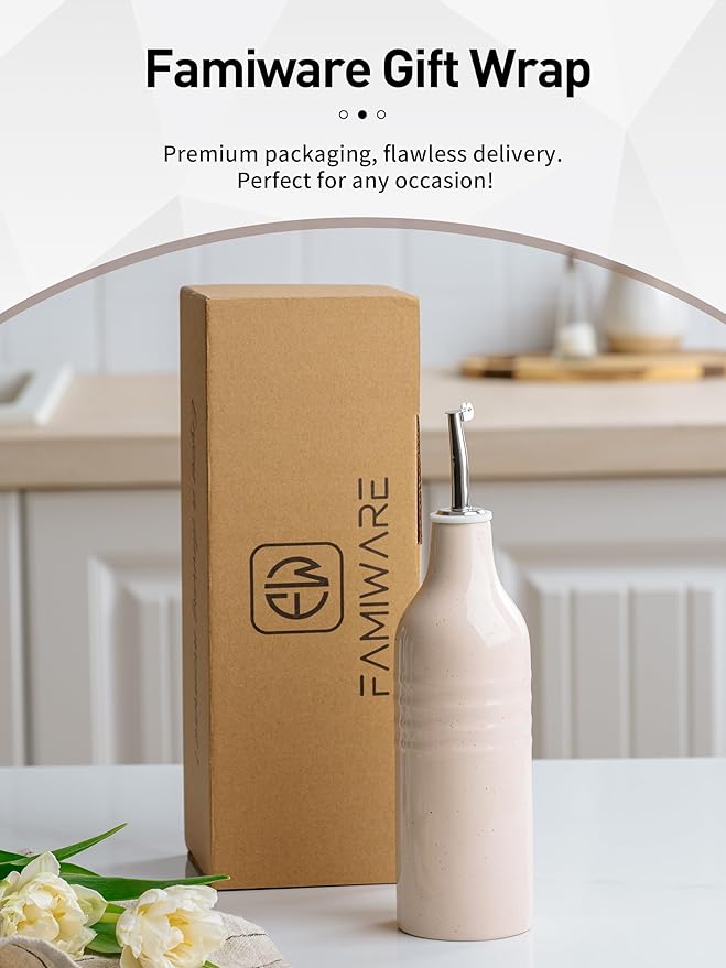 famiware Jupiter 16oz Ceramic Olive Oil Dispenser Bottle, Olive Oil and Vinegar Dispenser Bottle Set of 2 with Stainless Steel Pourers, Suitable for Storage Vinegar, Liquids, Light Pink