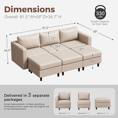 91.5" Luxury Modular Sleeper Sofa Bed with Storage Seat, 6 Seat Sectional Couch Deep Seat with Reversible Chaises & Removable Cover for Living Room - Faux Leather Whitesand