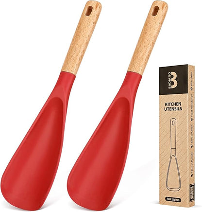 Cooking Spoon for Nonstick Cookwares, Great for Cooking and Serving Sturdy BPA-Free Matte Silicone, Wood Handle Spoon for Mixing, Scoop, and Scrape (2 Pack of Red, 11.4 inch)