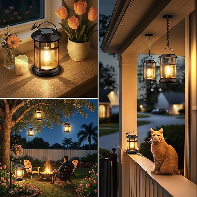 Solar Lanterns Outdoor Waterproof: 4 Pack Hanging Solar Lights for Outside Patio Porch Garden Tabletop Decor - Bright LED Warm White Solar Powered Lighting - 2025 Gardening Lovers Mom Gifts