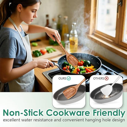 Wooden Spoons for Cooking 6 Piece - Natural Teak Wood Kitchen Utensils Set - Smooth Finish Soft Comfort-Grip Safe for Nonstick By HOWHONG