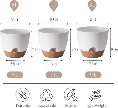 Giraffe Creation Plant Pots Set of 3 (12/10/9 inch), Self-Watering Indoor & Outdoor Flower Planters with Drainage Hole and Reservoir, White