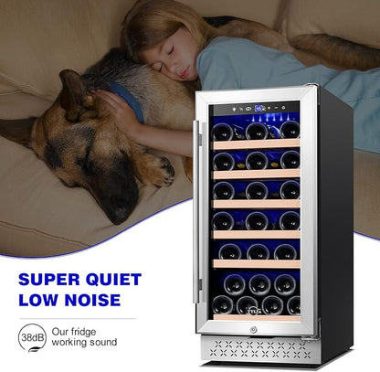 Tylza 15 Inch Wine Cooler Under Counter, 33 Bottle Built-in Wine Fridge with Stainless Steel Tempered Glass Door, Temp Memory Function, Freestanding Fast Cooling Wine refrigerator, Quiet Operation