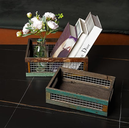 TIMRIS Set of 2 Rustic Wooden Countertop Baskets, Farmhouse Distressed Nesting Boxes, Small Decorative Wooden Storage Crates, Reclaimed Wood Organizer Baskets with Wire Mesh (Random)
