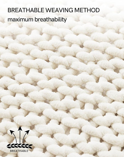 YnM Chunky Throw Blanket, Hand Knitted with Chenille Yarn, Skin Friendly, Ventilated and Breathable, Machine Washable, Home Décor Piece for Couch, Sofa and Bed (Butter Cream, 60x80 Inch)
