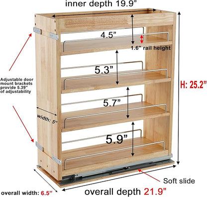DINDON Pull Out Spice Rack Organizer for Cabinet, (5" W x 21.9" D x 25.2" H) Multi-Use Wood Pull Out Cabinet Organizer Slide Out Shelf Cabinet Storage for Kitchen, Pantry Organization