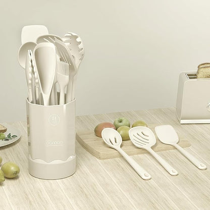 Thickened Silicone Kitchen Utensils Set, 600°F Heat Resistant Silicone Cooking Utensils, Spatula, Spoon, Whisk, Tongs, Kitchen Gadgets for Nonstick Cookware, Dishwasher Safe BPA Free (Cream White)