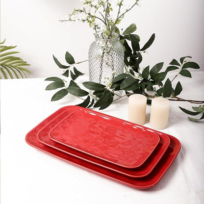 Vicrays Ceramic Rectangle Serving Platters - 14" 12" 10" Porcelain Serving Trays Plates for Party BBQ Appetizers Sushi Dessert - Microwave Oven and Dishwasher Safe - Set of 3 Red