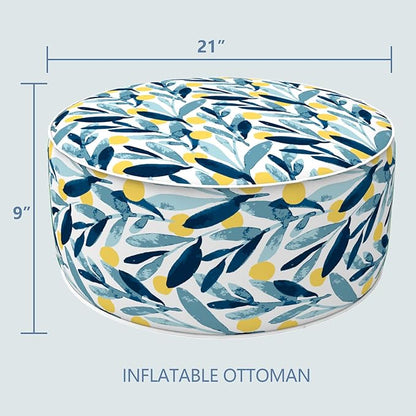 LVTXIII Outdoor/Indoor Inflatable Stool Ottoman, All Weather Patio Footrest Pouf, Portable Round Ottoman for Patio Garden, Camping or Home, D21xH9 Inches, Blue Leaves