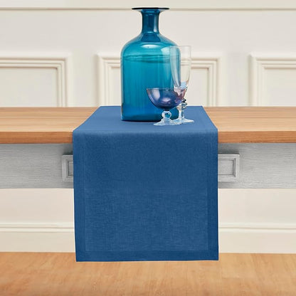 Solino Home Linen Table Runner 90 Inches Long - 100% Pure Linen Indigo Blue Dining Table Runner 14 x 90 Inch for Fall, Autumn, Thanksgiving - Fete