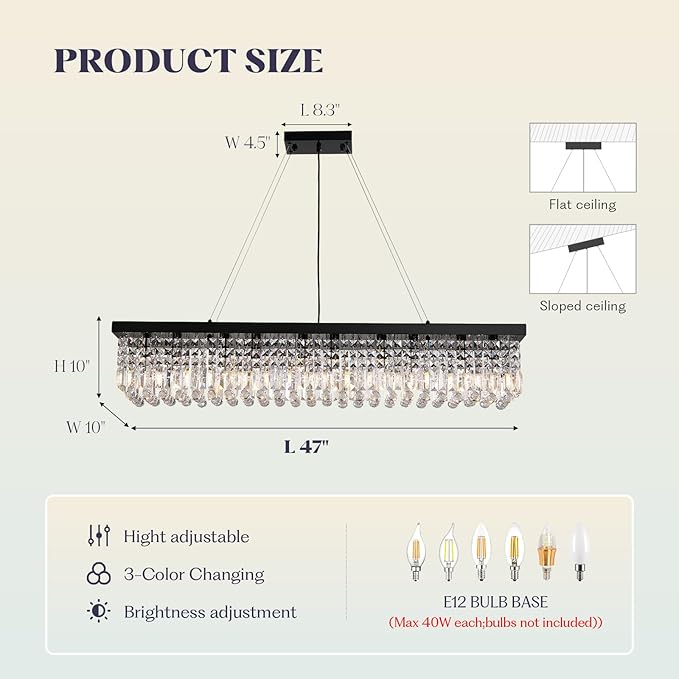 Rectangular Black Crystal Chandelier,10 Light Crystal Chandeliers for Dining Room, Rectangle Light Fixture for Kitchen Island L47''xW10''x H10''