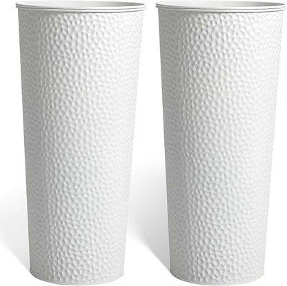KOL 25" H. Metal Hand-Hammered Planters with Inner Pots 2-Pack, White Decor Planter for Deck, Patio, Porch - Galvanized Steel Handcrafted Flower Pot - w/Water Level Indicator - Indoor Outdoor Use