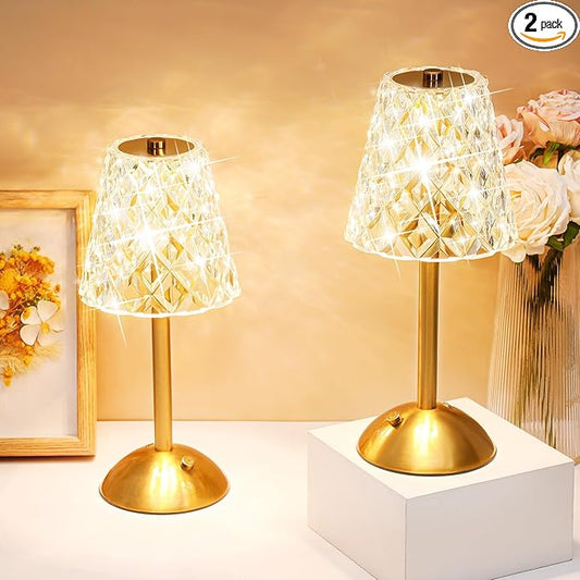 Liliful 2 Pcs LED Portable Cordless Table Lamp Touch Battery Operated Rechargeable Desk Lamp 3 Color Dimmable for Bedroom Living Room Dining (Diamond Style,Gold)