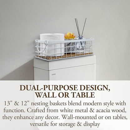 MyGift 13 and 12 Inch Nesting Storage Baskets with Handles, Wall Mounted or Tabletop White Metal Wire and Premium Acacia Wood Decorative Shelf Organizer Bins, 2 Piece Set