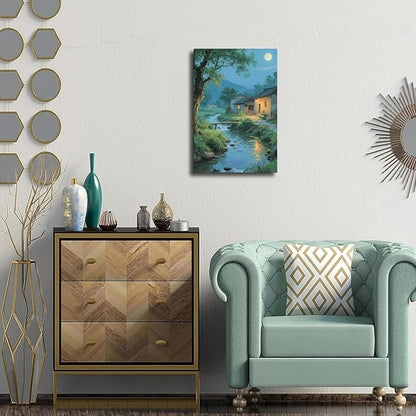 Moonlight under the big tree creek cabin scenery is suitable for posting in the living room bedroom office scenery poster wall painting