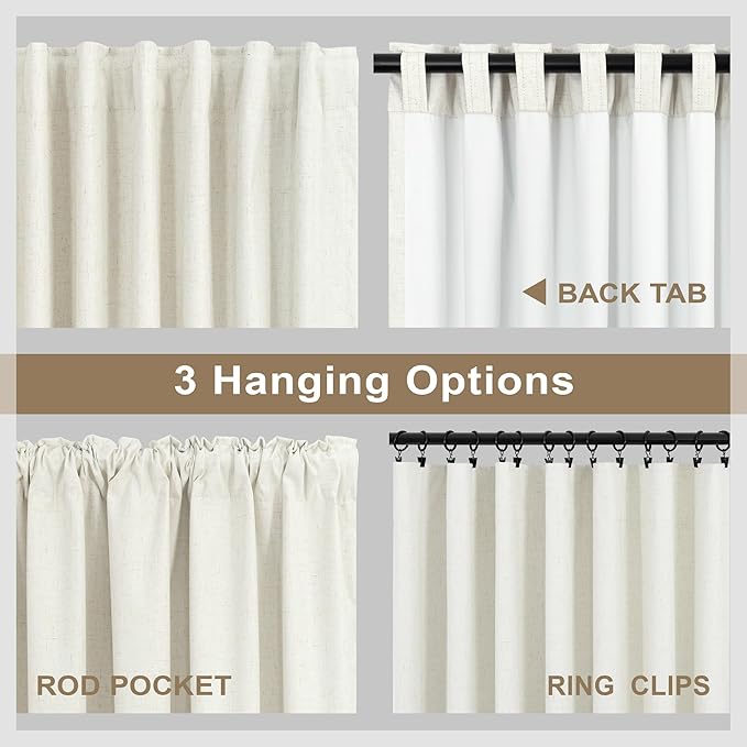DANCURTON 100% Blackout Linen Curtains 45 Inches Long 2 Panel Short Length Kitchen Curtain for Small Window Treatment Basement Cafe Thermal Insulated Energy Efficient Drapes for Bedroom Bathroom Cream