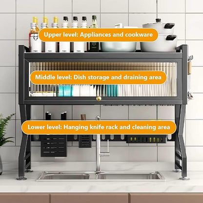 Kitchen sink rack dishwashing sink countertop dustproof cupboard storage multifunctional tableware storage drain rack double layer,KeepKitchen Sink Shlef Organized Space-Saving(White,85cm/33.5in)