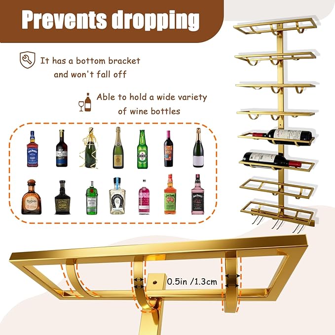 8 Bottle Wall Mount Wine Rack with Wine Glass Holder, Metal Wine Wall Rack, Wall Racks for Wine Bottles Display and Storage, Hanging Bottle Organizer for Living Dining Room Wine Cellar Bar (Gold)