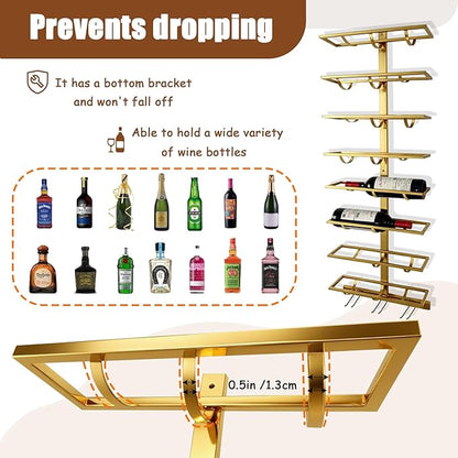 8 Bottle Wall Mount Wine Rack with Wine Glass Holder, Metal Wine Wall Rack, Wall Racks for Wine Bottles Display and Storage, Hanging Bottle Organizer for Living Dining Room Wine Cellar Bar (Gold)