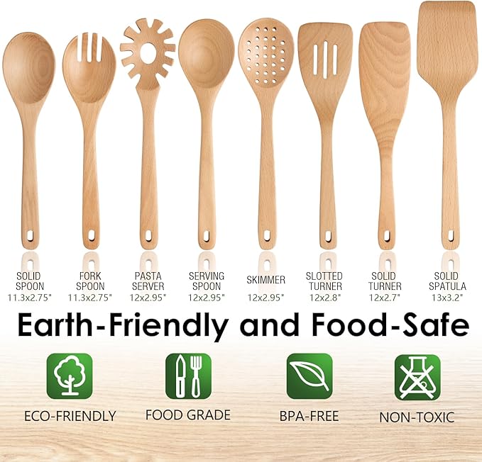 Wooden Spoons for Cooking, 8 Pcs Beech Wood Wooden Kitchen Cooking Spoon Utensil Tools Set Includes Spatula Skimmer Pasta Scoop Non-Stick Cookware Safe by HOWHONG