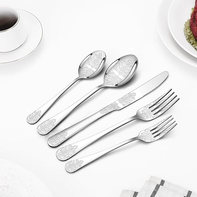 40 Pcs Silverware Set for 8 with Classical Flower Embossed Design, Food Grade Stainless Steel Flatware Set, Eating Utensils Sets Include Fork/Knife/Spoon, Reusable Cutlery Set, Dishwasher Safe