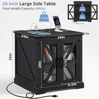 24" End Table Set of 2 with Charging Station, Farmhouse Night Stand with Glass Barn Door, Nightstands with Adjustable Storage Shelf, Large Wood Square Bed Side Table for Living Room,Bedroom