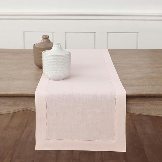 Solino Home Linen Pink Table Runner 90 Inches Long - 100% Pure Linen Hemstitch 14 x 90 Inch Table Runner for Dining and Halloween - Classic Hemstitch