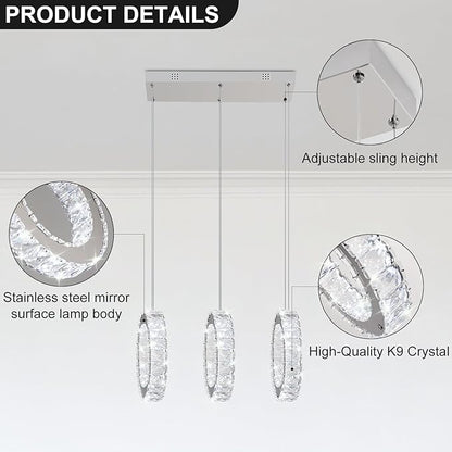 Buccleuch 3-Ring Crystal Chandelier, Dimmable LED Pendant Light Fixture Adjustable Stainless Steel Pendant Light, Silver Crystal Chandeliers for Dining Room, Bedroom, Living Room
