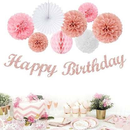 Light-Pink Rose-Gold Birthday Garland Party-Decorations - 14pcs Happy Banner Women Paper Flowers Lanterns Tissue Pom Poms,Streamers Fans Honeycomb Girls Adult Women Kids Hanging Supplies Decor Hugfond
