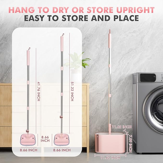 Upgraded Spin Mop and Bucket Set Self-Standing Mop Bucket Separate Dirty and Clean Water System Self Wringing 360° Rotating 90° Foldabl Mops and Buckets for Floor Cleaning (Pink, 2Pads)