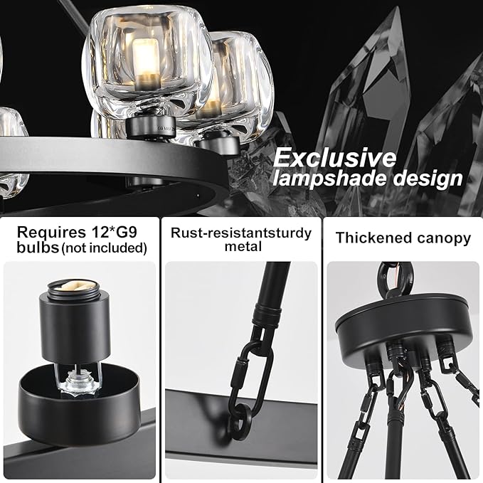 Black Wagon Wheel Chandelier, 48 Inch Black Chandeliers with Unique Glass Shade, 12-Light Crystal Large Wagon Wheel Chandeliers for Dining Room, High Ceiling Round Chandelier for Living Room, Foyer