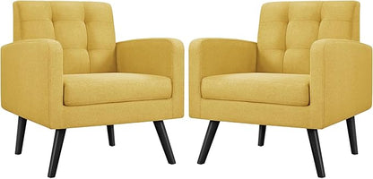 Yaheetech Mid-Century Accent Chairs, Modern Upholstered Living Room Chair, Cozy Armchair Button Tufted Back and Wood Legs for Bedroom/Office/Cafe, Set of 2, Yellow