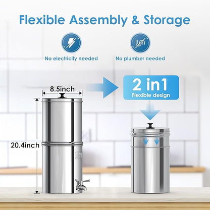 AQUA CREST Gravity Water Filter System, NSF/ANSI 42&372 Certified Black Carbon Filters, Reduce Lead and Up to 99% Chlorine, 2.25G, for Home, Camping, RVing, Off-Grid, Emergencies, AQ-TN-A