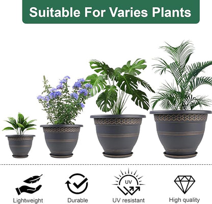 4 Pack 12 Inch Large Plant Pots, Plastic Flower Pot for Indoor & Outdoor with Drainage Holes & Saucer, Plaid Pattern Planters Garden Pots for Herbs