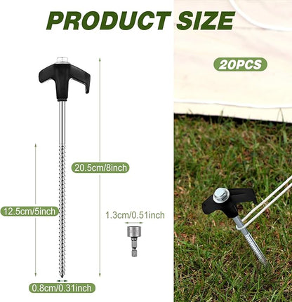 Hicarer 20 Pcs 20 Pcs 8'' Screw in Tent Stakes Heavy Duty Ground Metal Stakes for Inflatables with Hex Head Driver for Outdoor Camping Tent Inflatable Garden Decor (Black)