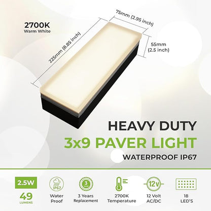 LUMENGY Paver Light 3×9 Inch (2.95 inch X 8.85 inch), Warm White Glare-Free Illumination for Driveways, Pathways, Pool Deck & Patios,12V AC/DC, Waterproof & Drive-Over Rated
