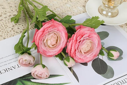 IPOPU 4PCS Real Touch Hot Pink Ranunculus Artificial Flowers Faux Ranunculus Flowers for Vase Real Look Silk Peonies Fake Peony Flowers for Home Indoor Wedding Centerpieces for Table Decor (Rose Red)